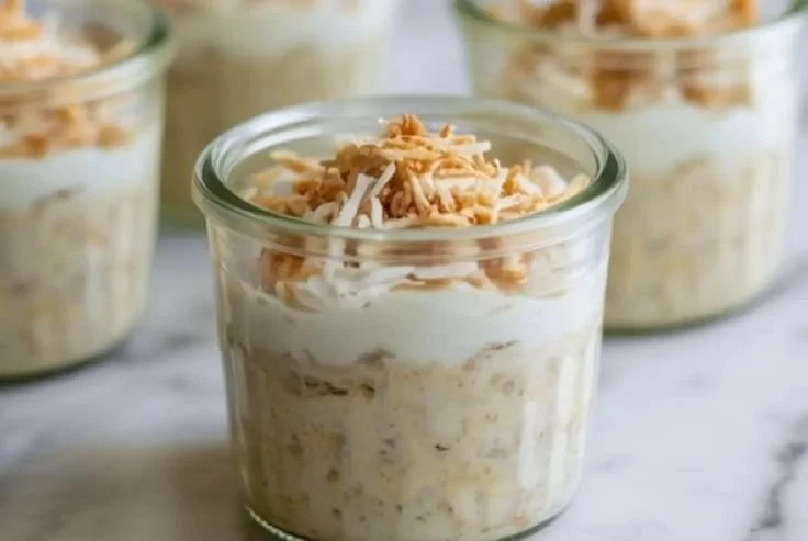 Bowl of coconut cream overnight oats topped with fruits and nuts