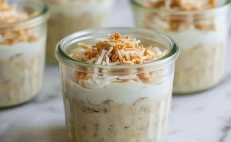 Bowl of coconut cream overnight oats topped with fruit and nuts
