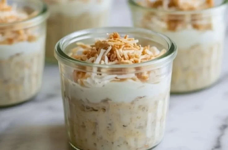 Bowl of coconut cream pie-inspired overnight oats topped with coconut flakes