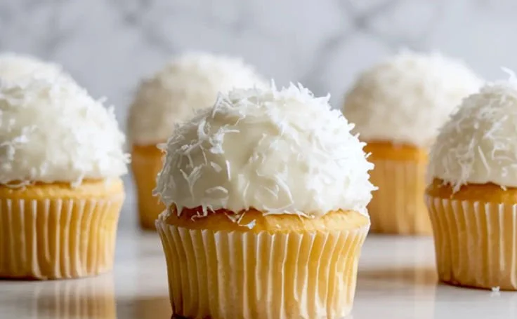 Delicious coconut cupcakes topped with creamy frosting and coconut flakes.