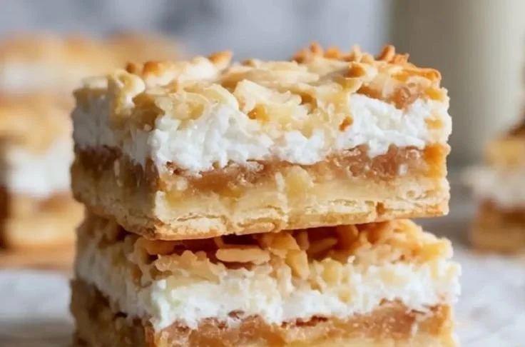 Homemade Coconut Dream Bars with coconut topping and golden crust