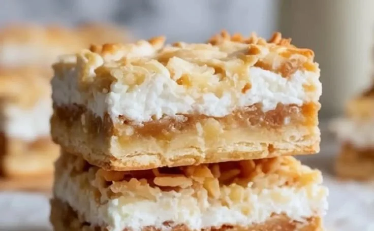 Delicious Coconut Dream Bars on a countertop with coconut flakes garnish