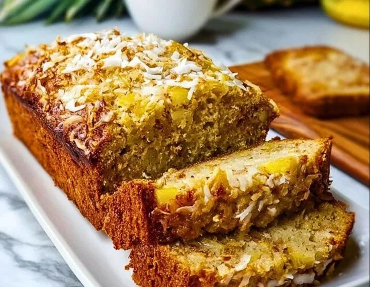 Delicious Coconut Pineapple Banana Bread served on a wooden board