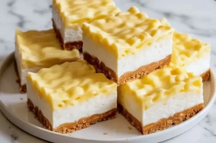 Coconut Pineapple Cream Pie Bars topped with creamy coconut and pineapple layers