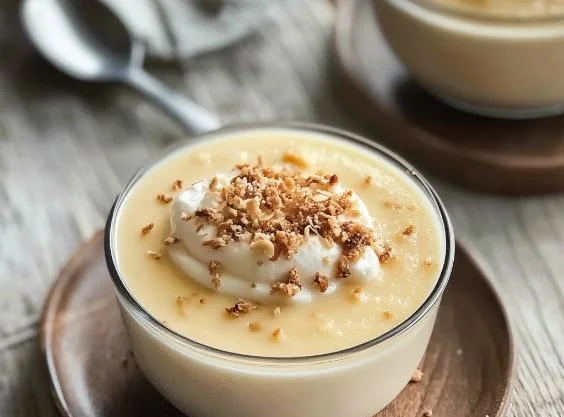 Delicious bowl of homemade coconut pudding garnished with coconut flakes