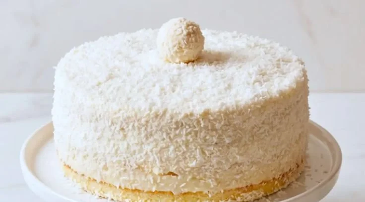 Sliced Coconut Raffaello Cake with coconut flakes and white chocolate topping