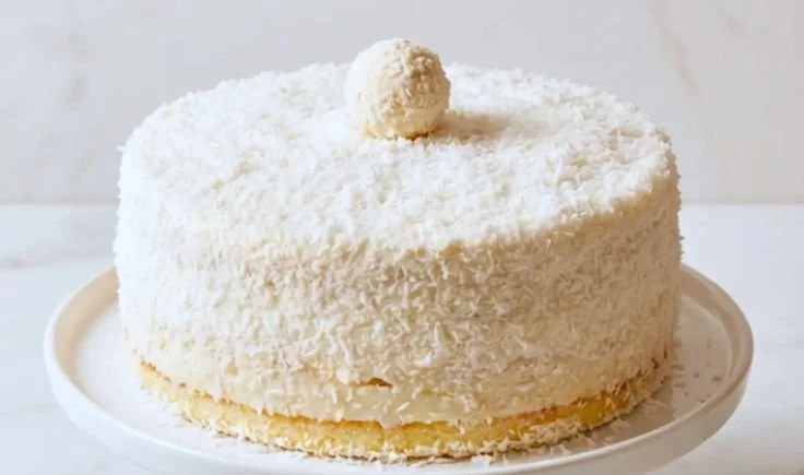 Slice of Coconut Raffaello Cake topped with coconut flakes and almonds.