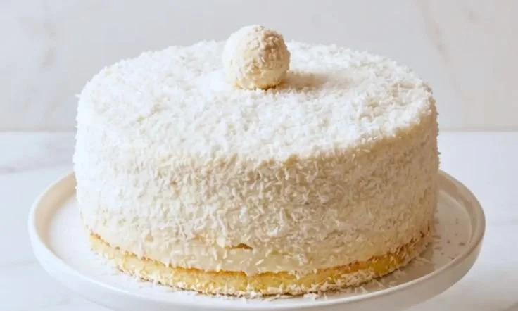 Deliciously layered Coconut Raffaello Cake recipe with coconut and almond