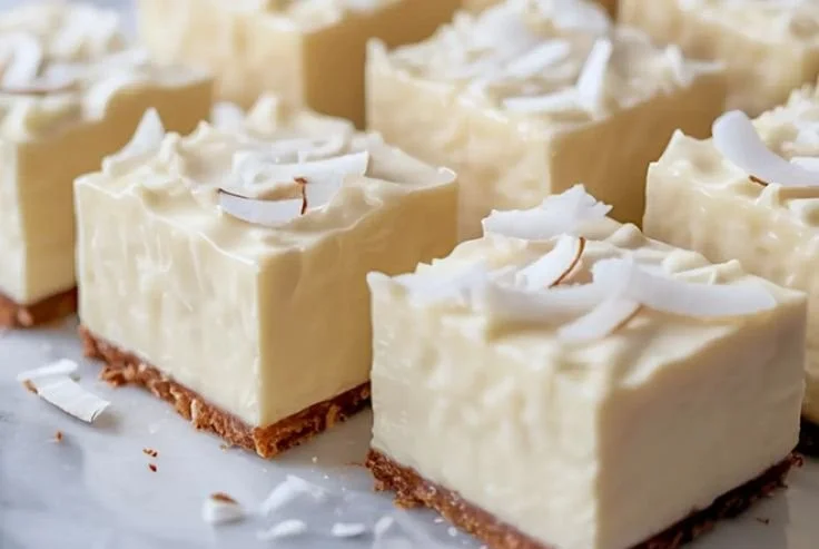 Delicious Coconut Rum Snow Squares dessert with coconut flakes and rum frosting.