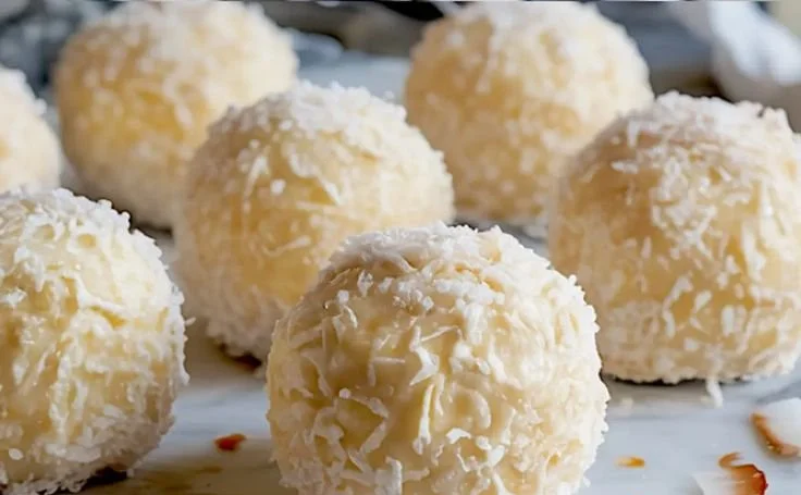 Delicious Coconut Snowball Cheesecake Bites on a dessert plate.