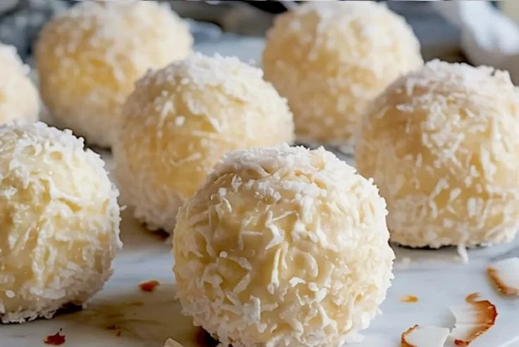 Coconut Snowball Cheesecake Bites served on a plate