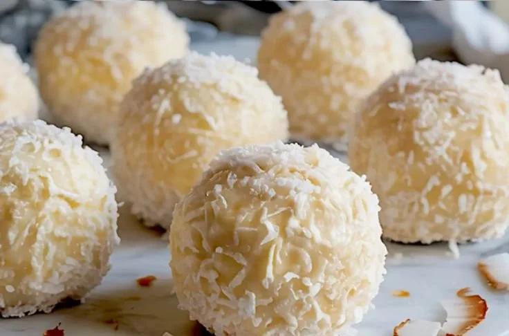 Delicious coconut cheesecake bites topped with coconut flakes