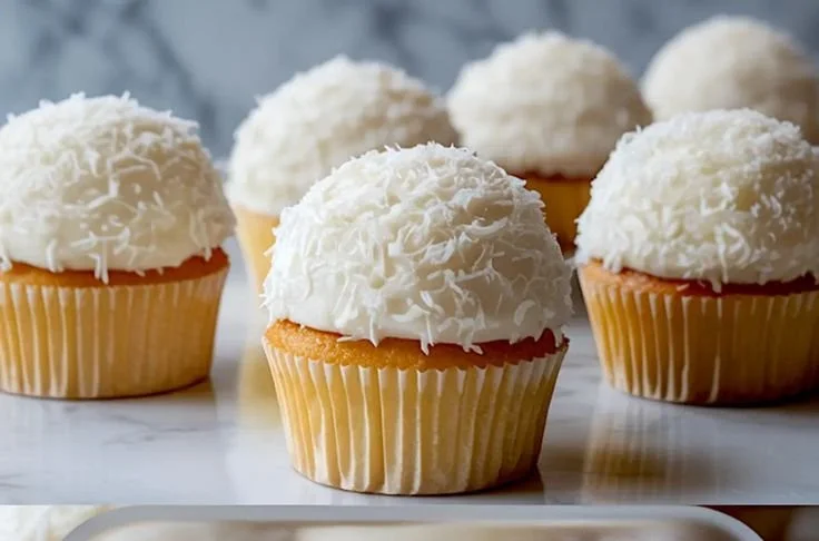 Fluffy Coconut Snowball Cupcakes topped with coconut flakes and frosting
