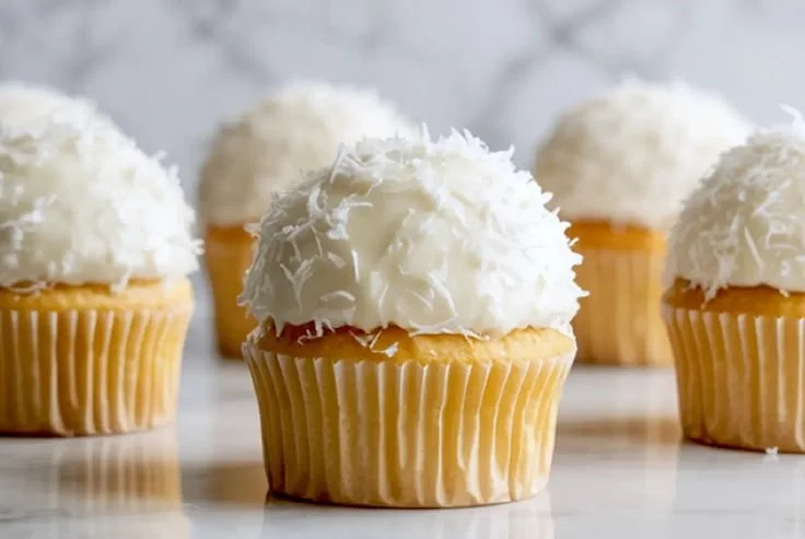 Coconut Snowball Cupcakes with coconut flakes and white frosting