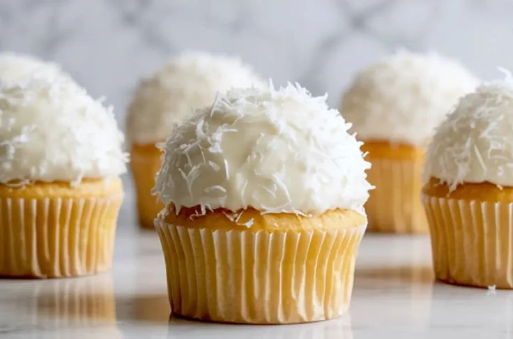 Delicious Coconut Snowball Cupcakes topped with shredded coconut