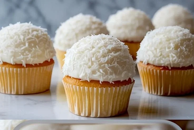 Delicious coconut snowball cupcakes with fluffy frosting and coconut flakes