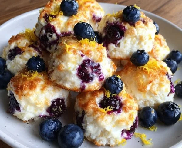 Cottage cheese bites with blueberry and lemon zest on a plate