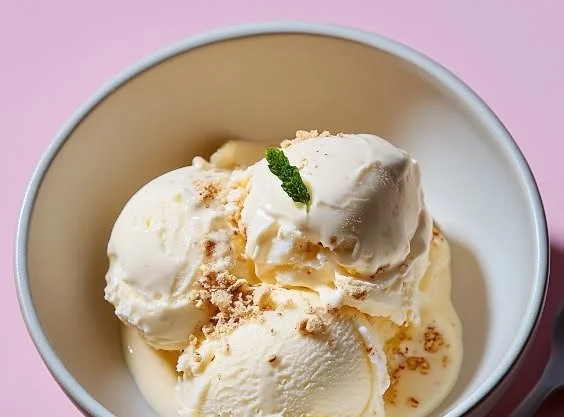 Bowl of homemade cottage cheese ice cream topped with fresh fruits