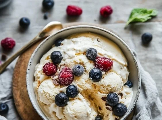 Delicious homemade cottage cheese ice cream served in a bowl