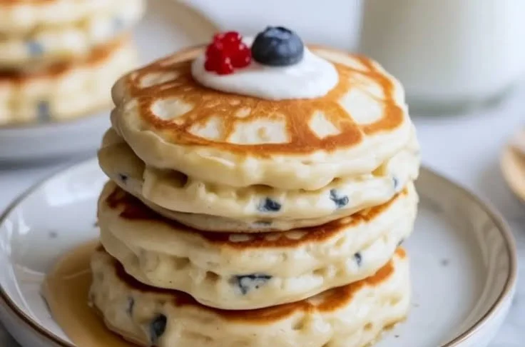 Delicious cottage cheese pancakes stacked on a plate with syrup and berries