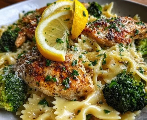 Cowboy Butter Lemon Chicken served with bowtie pasta and broccoli in a skillet