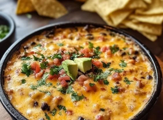 Delicious Cowboy Queso served in a bowl with tortilla chips
