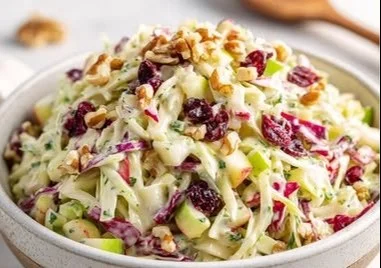 Bowl of Cranberry Apple Coleslaw with fresh apples and cranberries