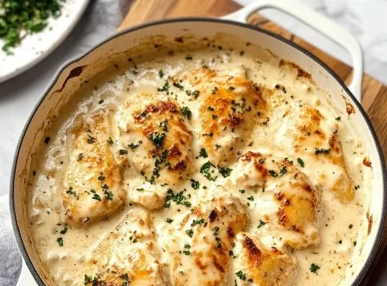 Delicious cream cheese chicken served with herbs and vegetables