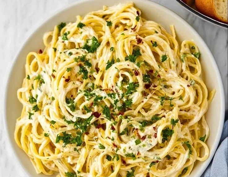 Cream Cheese Pasta topped with fresh herbs and served on a plate