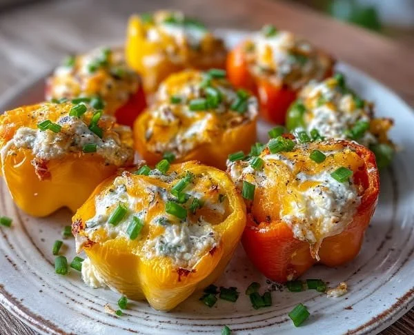 Cream cheese stuffed mini peppers topped with herbs and spices