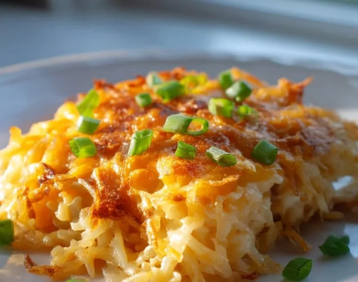 Creamy cheesy hashbrown casserole topped with cheese and baked to perfection.