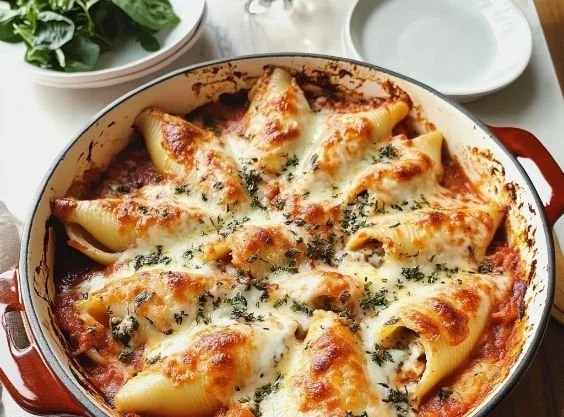 Delicious creamy cheesy stuffed shells topped with marinara sauce and cheese