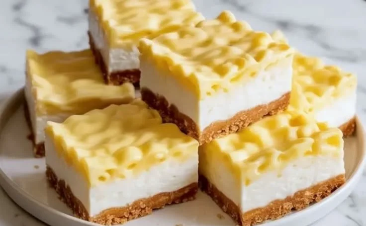 Creamy coconut pineapple pie bars with a golden crust and fruity topping
