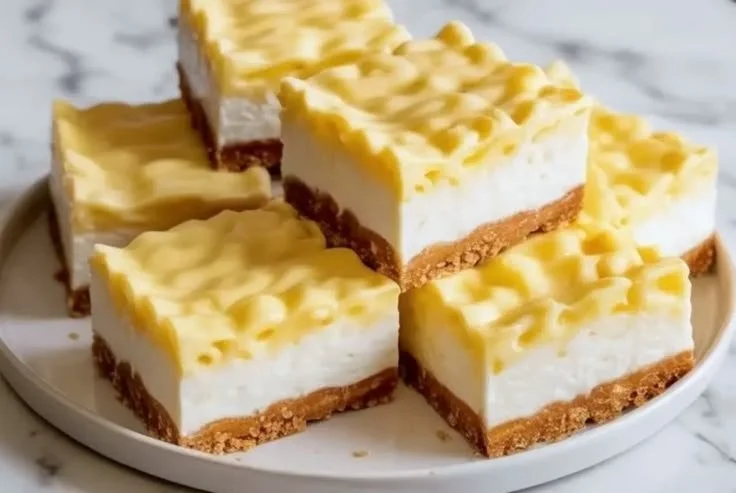 Creamy coconut pineapple pie bars on a white plate with a tropical garnish