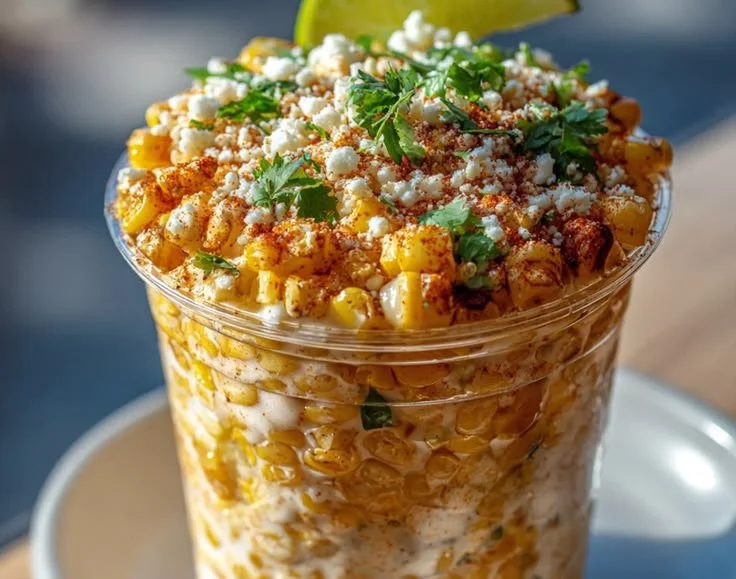 Creamy esquites, a delicious Mexican street corn dish topped with spices and cheese.
