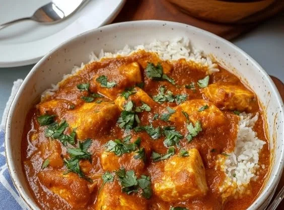Creamy halloumi and tomato curry served in a bowl with spices and herbs.