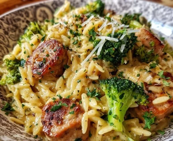 Creamy one-pot chicken sausage and broccoli orzo ready to serve