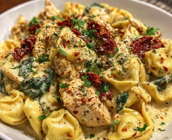 Creamy Tuscan Garlic Chicken Tortellini served in a bowl