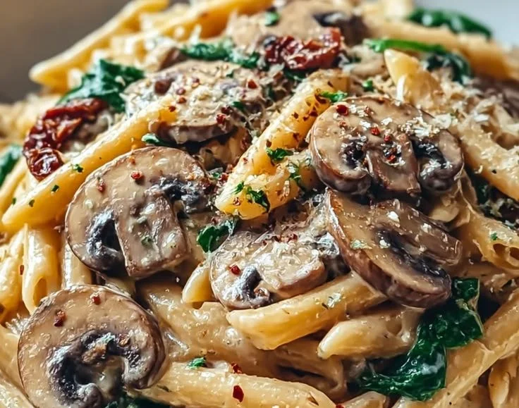 Creamy Tuscan mushroom pasta skillet topped with fresh herbs.