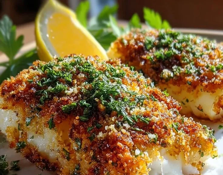 Crispy air fryer Parmesan-crusted cod fillet on a plate with garnish