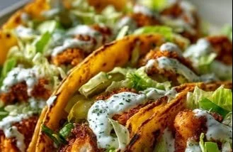 Delicious crispy chicken tacos topped with dill pickle ranch dressing