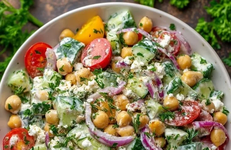 Crispy Cucumber and Chickpea Ranch Salad in a bowl