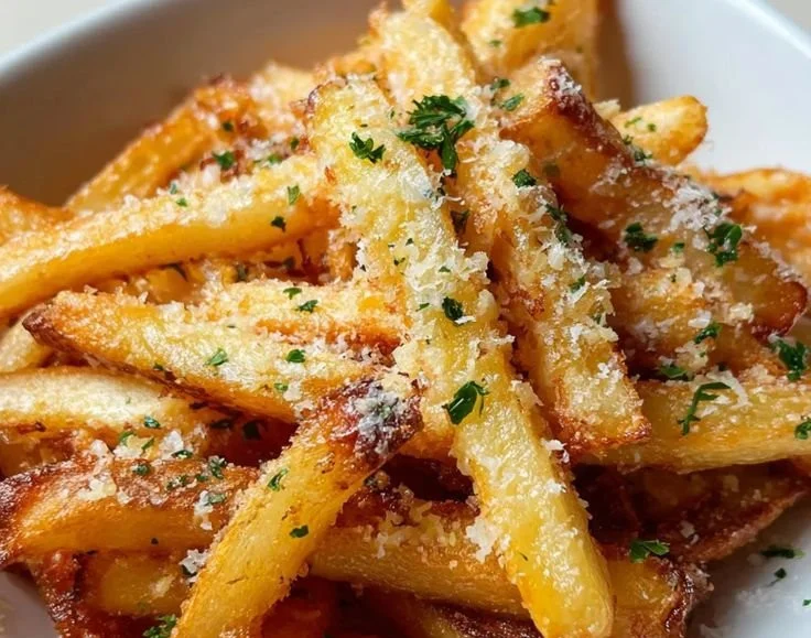 Crispy garlic parmesan fries served in a bowl, garnished with herbs.