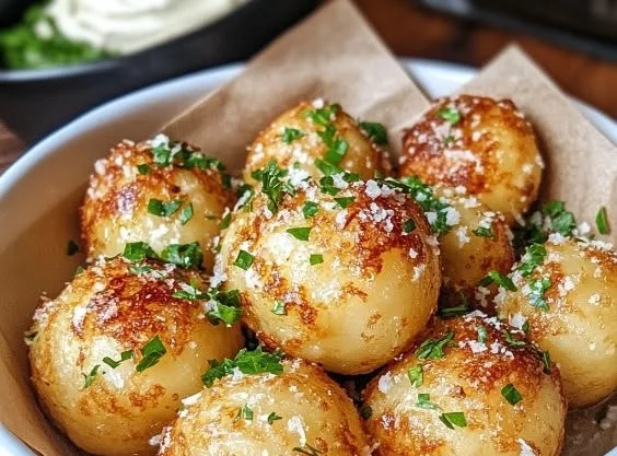 Crispy garlic Parmesan potato balls served on a white plate