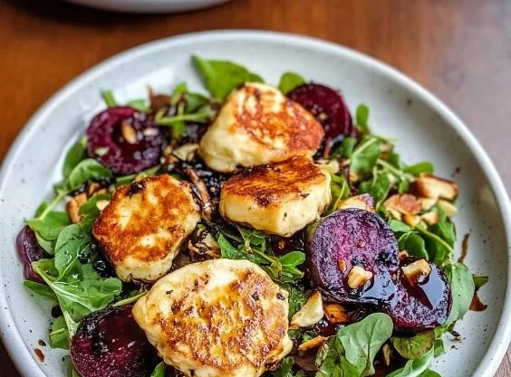 Crispy halloumi and roasted beetroot salad served on a plate.