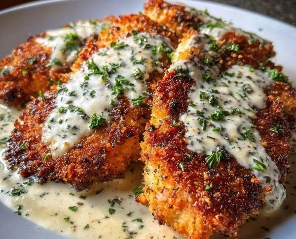 Crispy herb-crusted chicken Romano served with Parmesan cream sauce