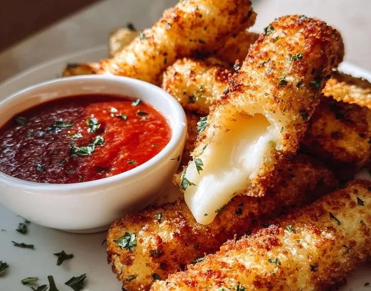 Crispy homemade mozzarella sticks served with marinara sauce.