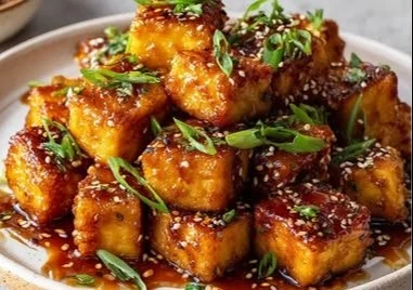 Plate of crispy honey garlic tofu garnished with green onions