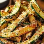 Crispy keto zucchini fries served on a plate with dipping sauce