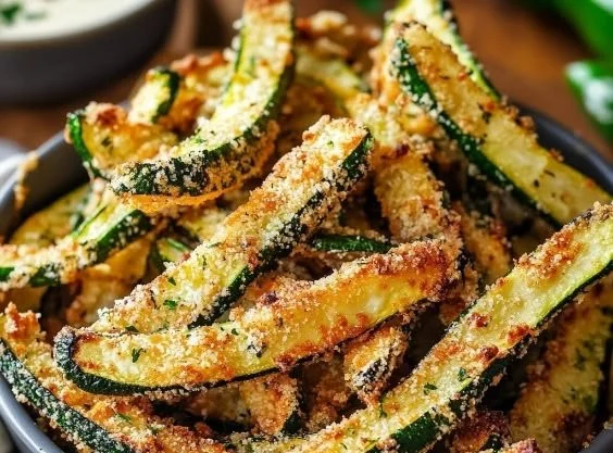 Crispy keto zucchini fries served on a plate with dipping sauce